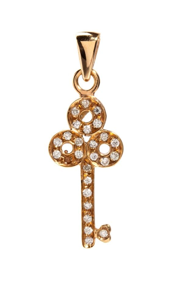 Gold diamond pendant: 18k yellow gold, featuring the silhouette of a key embellished with a pavé set round brilliant-cut diamonds, estimated to weigh a total of approx. 0.11 ct, colour H-I, clarity SI, as measured