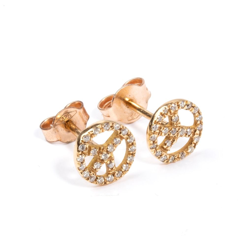 Diamond gold earrings: 9k white gold, featuring the peace symbol (CND) with pavé set diamonds estimated to weight a total of approx. 0.16 ct, H-I colour, VS-SI clarity, as gauged and graded in the mount.Hallmarked