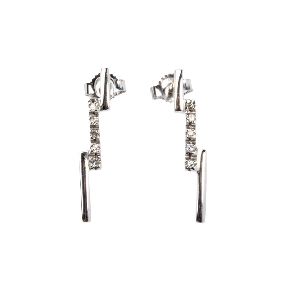Diamond gold earrings: 18k whte gold, lghtining shaped, highligted by round brilliant-cut diamonds, estimated to weigh a total of approx. 0.11 ct, H-I colour, VVS-VSI clarity, as gauged and graded in the mount.Hallmarked