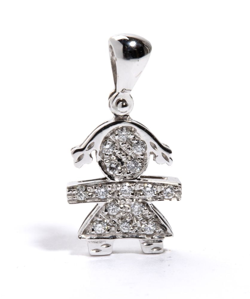 Diamond gold pendant: white gold, featuring the stylised silhouette of a little girl, embellished with a pavé setting round brilliant-cut diamonds, estimated to weigh a total of approx. 0.08 ct, colour H, clarity VS-S