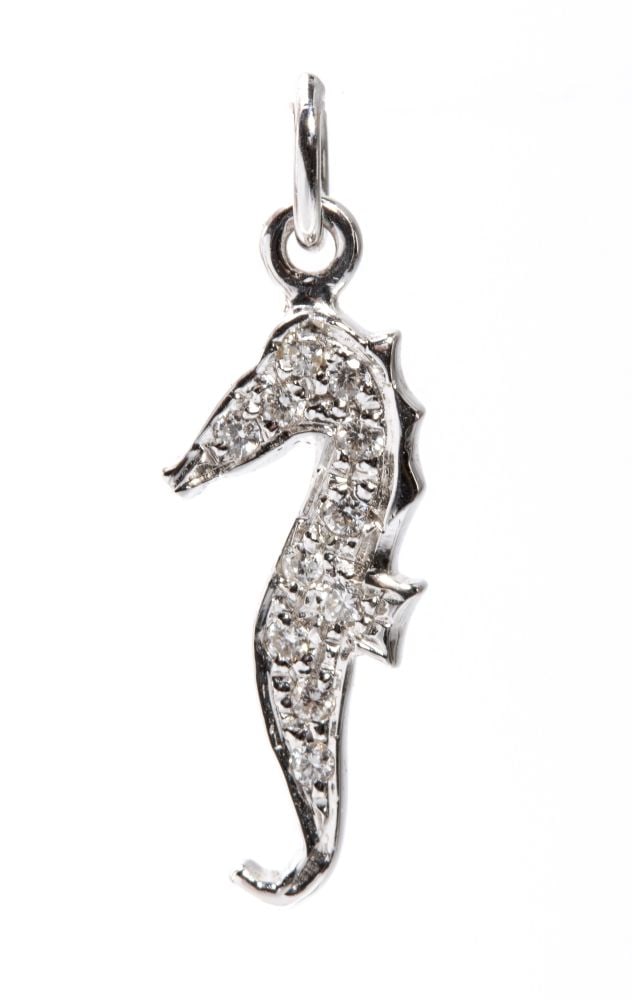 Gold diamond pendant: 18k white gold, featuring the silhouette of a sea horse, embellished with a pavé set round brilliant cut diamonds estimated total weight approx. 0.08 ct.Hallmarked “750 -117 CE”.