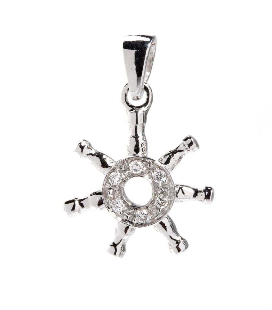 Diamond gold pendant: 18k white gold, featuring the silhouette of a rudder, embellished with a pavé setting round brilliant-cut diamonds, estimated to weigh a total of approx. 0.06 ct, colour F-G, clarity VVS.Hallmark