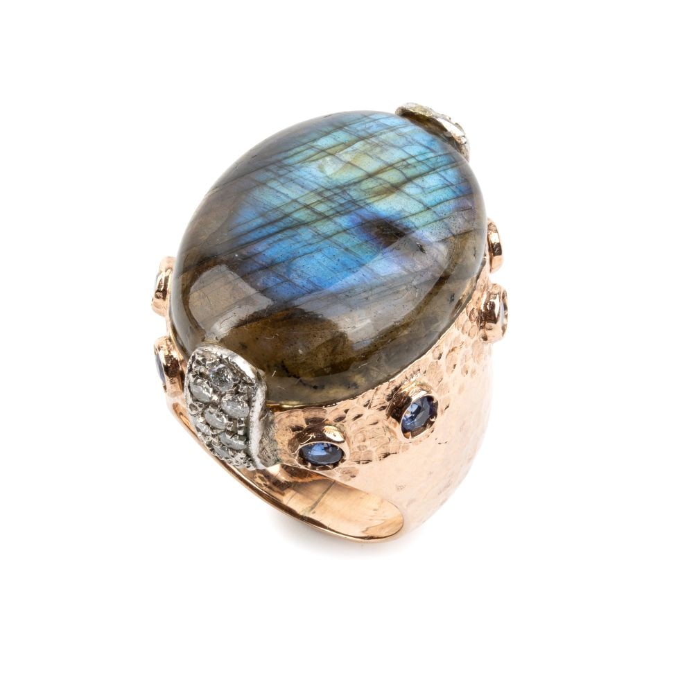 Labradorite diamond gold silver band ring: Silver, 9k pink and white gold, set with a cabochon cut labradorite and round brilliant-cut diamonds, estimated to weigh a total of approx. 0.60 ct, G-H colour, SI clarity, as gauged and graded in