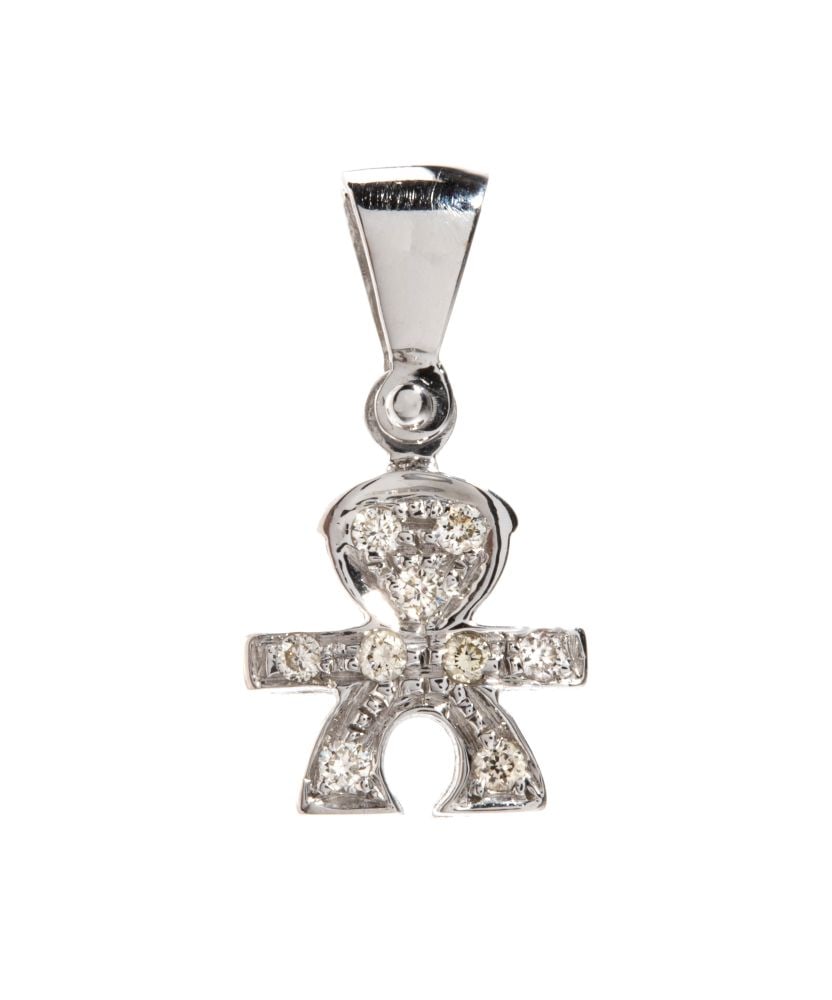 Diamond gold pendant: 18k white gold, featuring the stylised silhouette of a little boy, embellished with a pavé setting of round brilliant-cut diamonds, estimated to weigh a total of approx. 0.03 ct.Front dimensions: