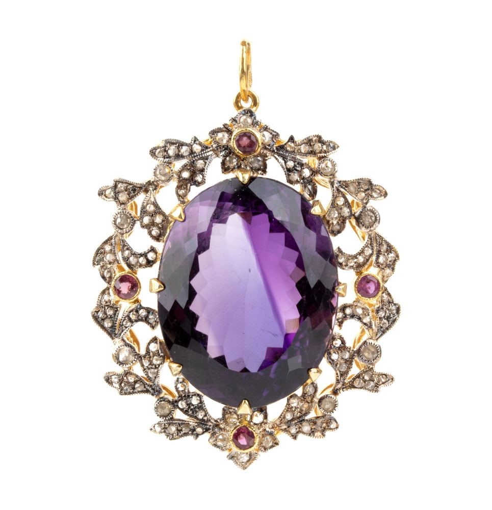 Amethyst diamond ruby gold and silver pendant (1 of 4)