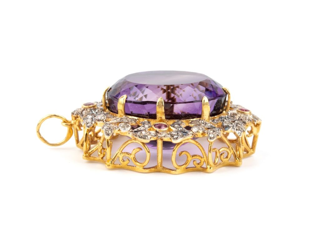 Amethyst diamond ruby gold and silver pendant - 3