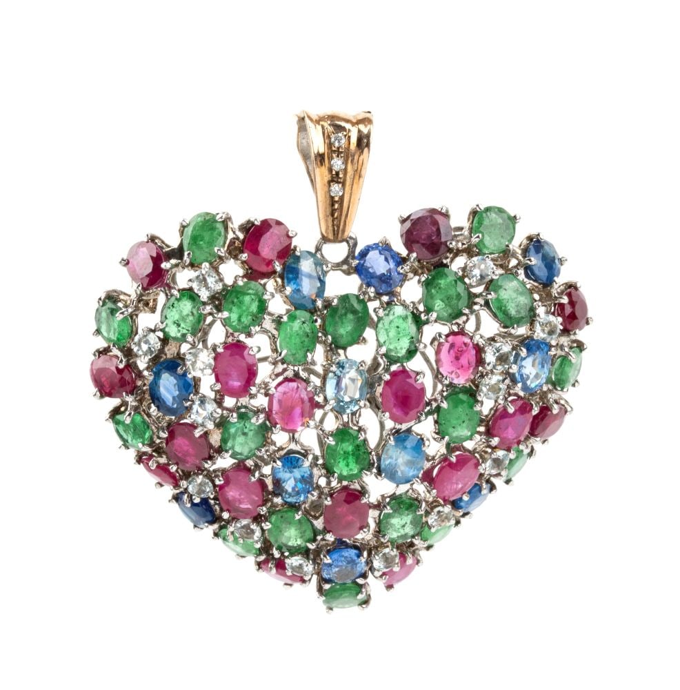 Diamond colored stone silver gold heart shaped pendant: Silver and 9k yellow gold (connecting hook), featuring a rounded, openwork heart pendant, set with diamonds and coloured stones (sapphires, rubies, aquamarines, emeralds). Hallmarked "375- 925".