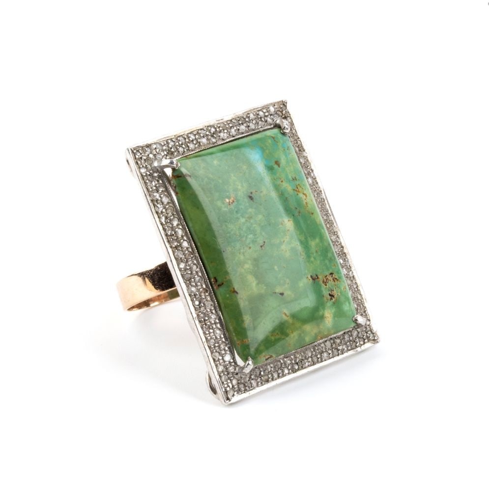 Turquoise diamond gold silver ring: 9k yellow gold and silver,set with a turquoise framed by rose-cut diamonds.Hallmarked “375 – 925". IT size 20 - US size 9. Weight: 14.6 g.