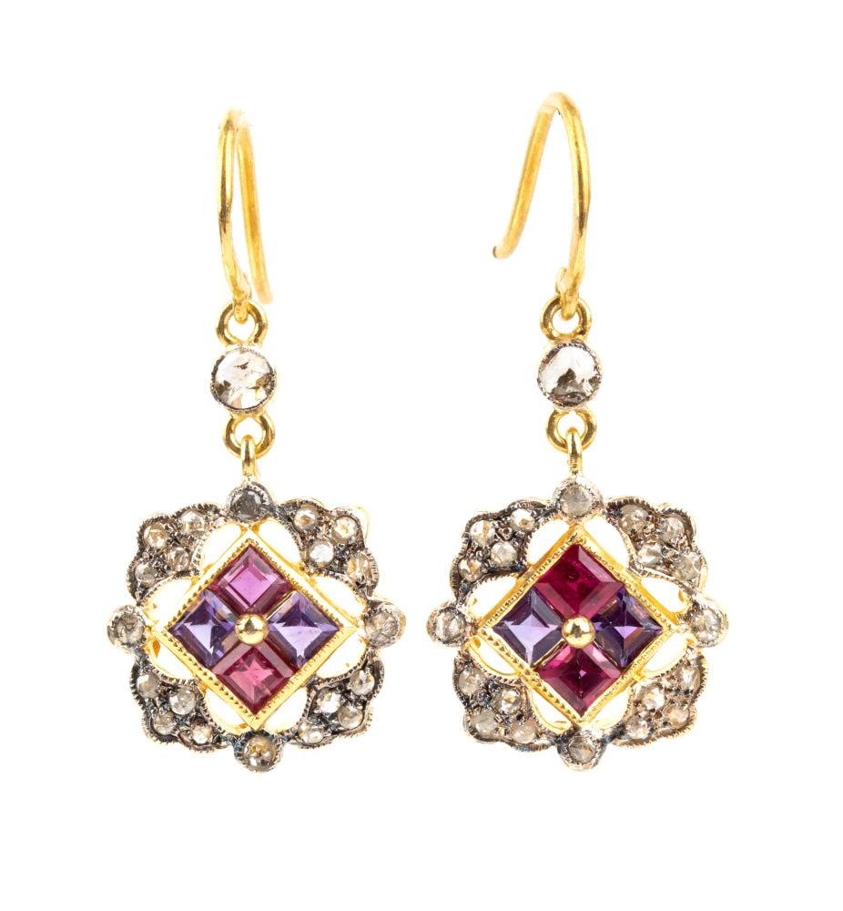 Ruby amethyst diamond gilded silver drop pair of earrings (1 of 5)