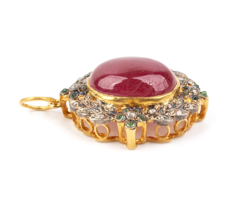 Ruby diamond emerald gilded silver pendant - 2