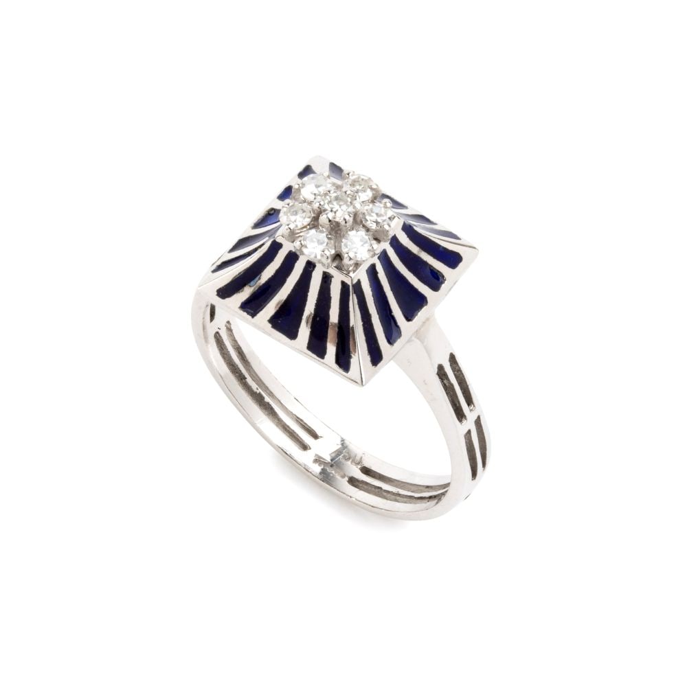 Diamonds and blue enamel gold ring: 18k white gold, set with huit-huit cut diamonds estimated total weight of approx. 0.30 ct, colour G-H, clarity VVS-VS.Hallmarked "750".IT size 14 – US size 7. Weight: 4.1 g.