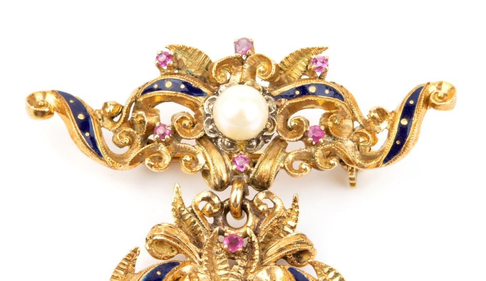 Ruby pearl enamel gold drop brooch - 2