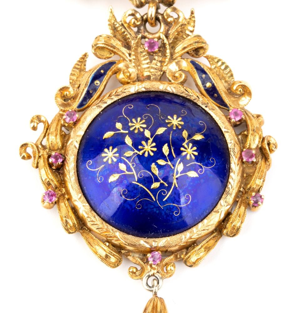 Ruby pearl enamel gold drop brooch - 3