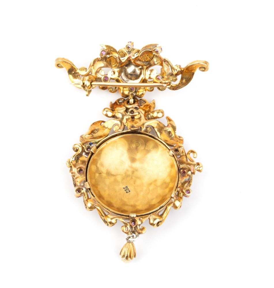 Ruby pearl enamel gold drop brooch - 4