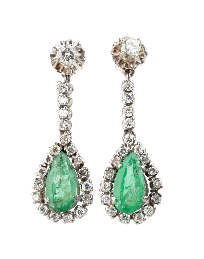 Emerald diamond drop gold pair of earrings (1 of 3)