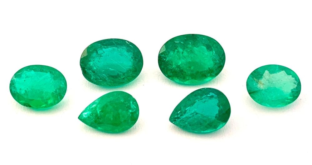 Lot of 6 natural emerald: Comprising 4 oval shaped, composite cut and 2 pear shaped, composite emeralds, totalling approximately 12.00 ct. Origin: Brazil.Dimensions: 11.95 x 8.90 x 4.83 mm; 10.62 x 8.13 x 4.45 mm; 9.32 x 7.10 