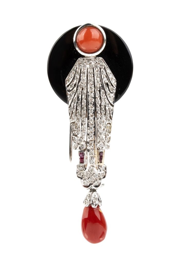 Onyx Mediterranean coral diamond Déco style gold brooch (1 of 5)