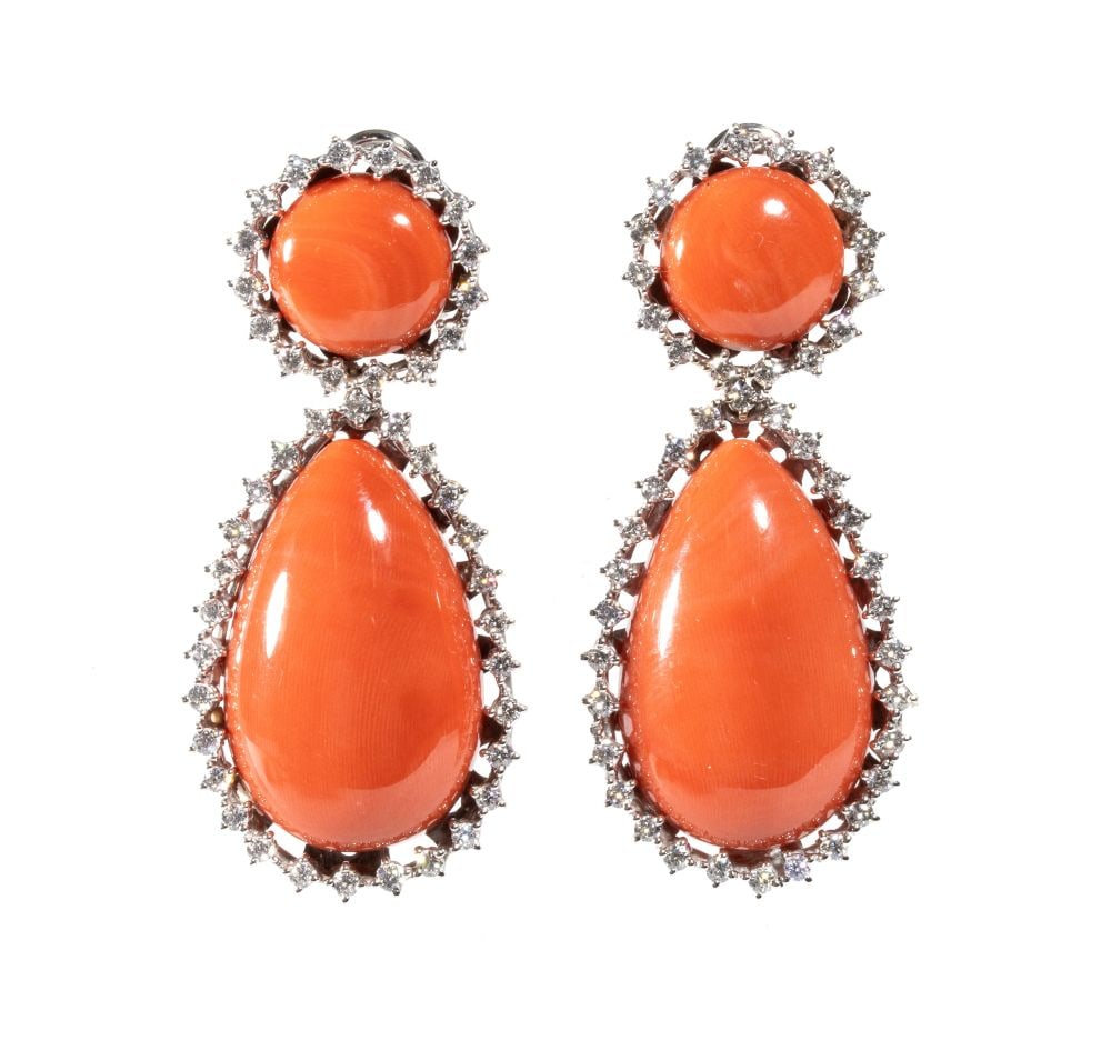 Cerasuolo coral diamond gold drop pair of earrings: 18k white gold, featuring Cerasuolo coral (Corallium elatius); comprising a round cabochon-cut coral and teardrop-shaped cabochon pendant, both framed by brilliant-cut diamonds with an estimated total
