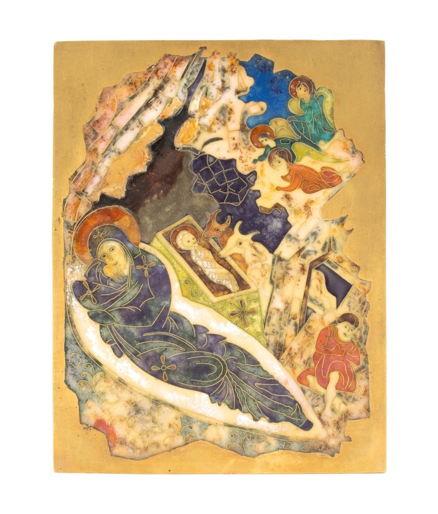 Gold and Polychrome Enamel Icon Depicting the Nativity of Christ: A refined icon executed on a thin 22-karat gold plaque, decorated with polychrome fired enamels using a technique derived from the traditional cloisonné process, in which delicate gold wires defi