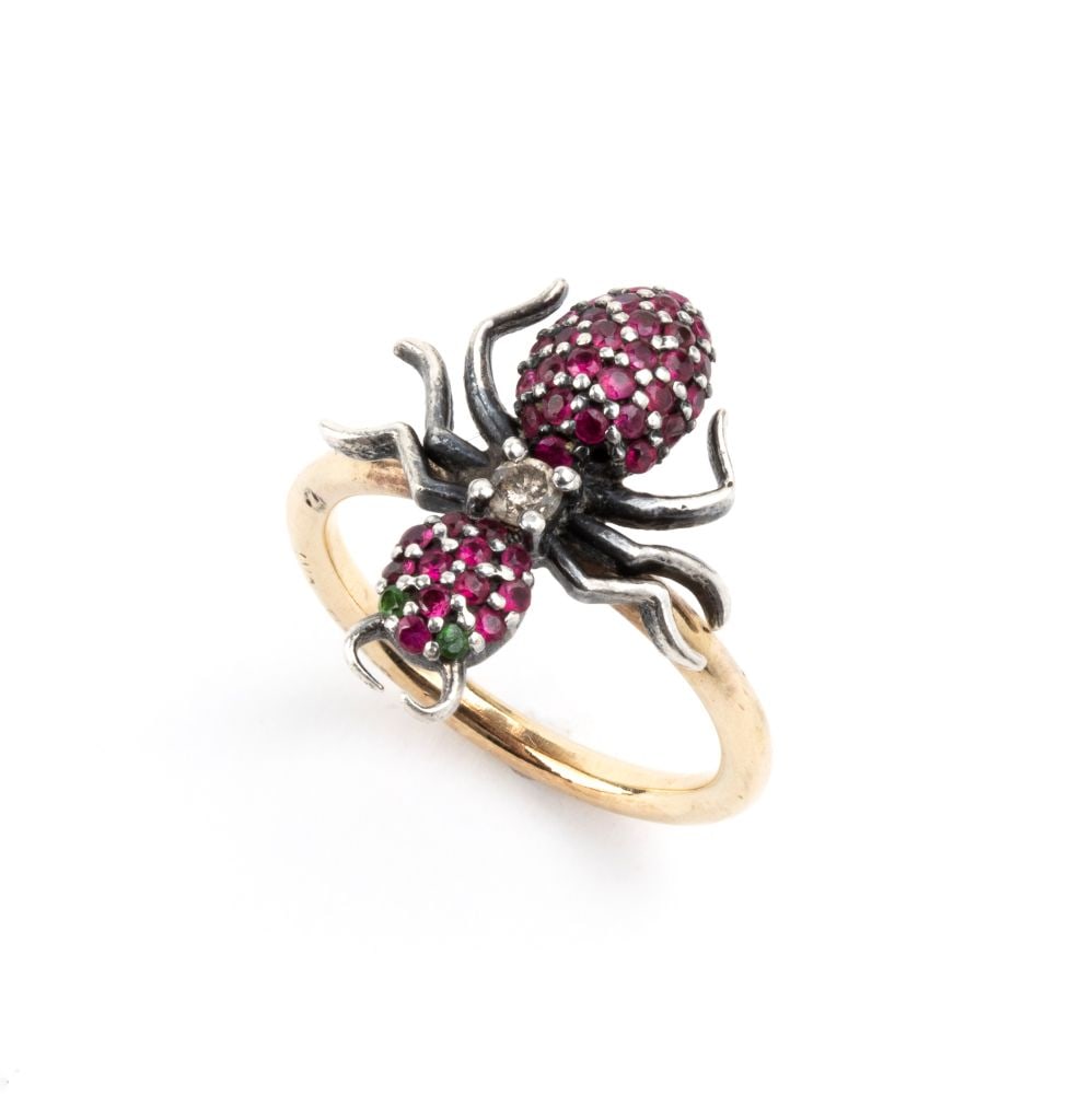 Ruby diamond gold and silver insect ring: 9k gold, set with pavé set rubies and a small brown fancy-coloured diamond.IT size 7 – US size 4. Weight: 7 g.