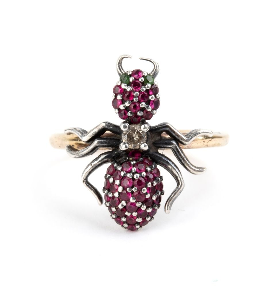 Ruby diamond gold and silver insect ring - 4
