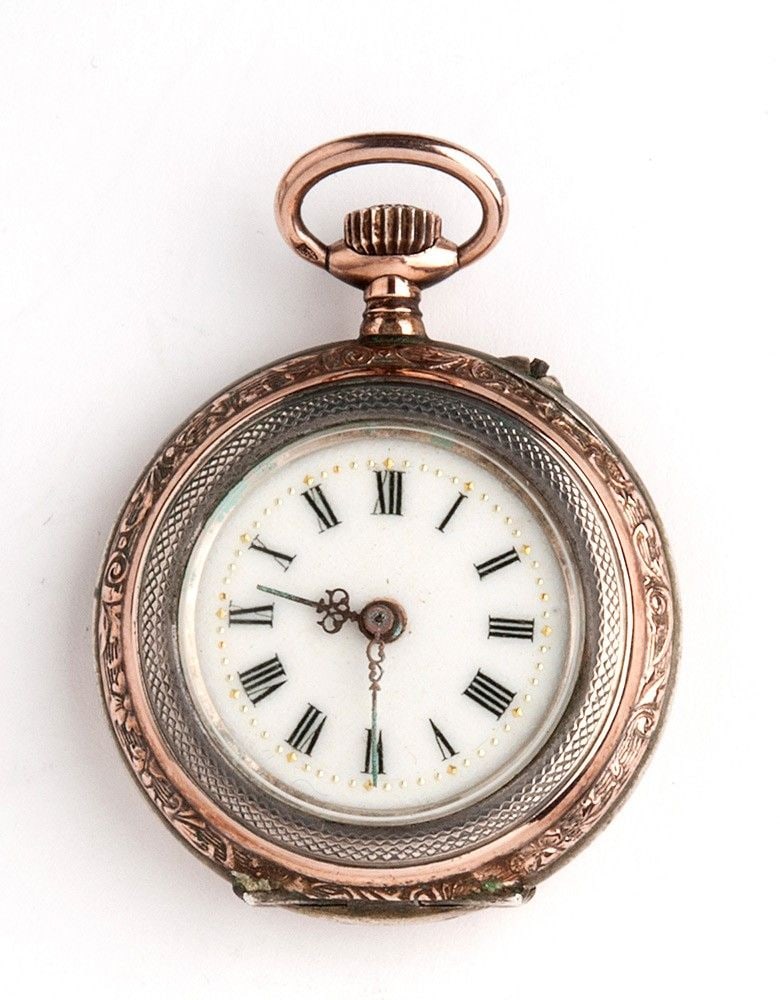 Solid silver Swiss pocket watch: 800/1000 silver case , engraved with a female figure; white enamel dial with Roman numerals; Swiss cylinder movement with remontoir winding mechanism.Diameter: 32 mm. Hallmarked with Austro-Hungarian