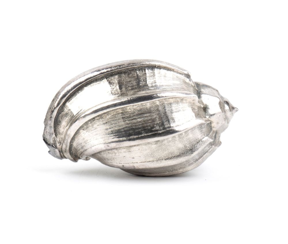 FEDERICO BUCCELLATI Natural Marine Shell Mounted in Silver: sElegant ornamental object composed of a natural marine shell, probably belonging to the Volutidae family and tentatively attributable to the genus Melo spp., mounted within a finely crafted custom-ma