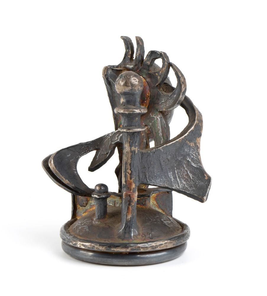 FAUSTO MARIA FRANCHI Solid silver Brutalist sculpture: Height x width x depth: 9.5 x 8.5 x 7.5 cm. Weight: 360 gdepicting a contemporary abstract sculpture, cast in metal. The work is characterised by a dynamic interplay of geometric and organic forms,