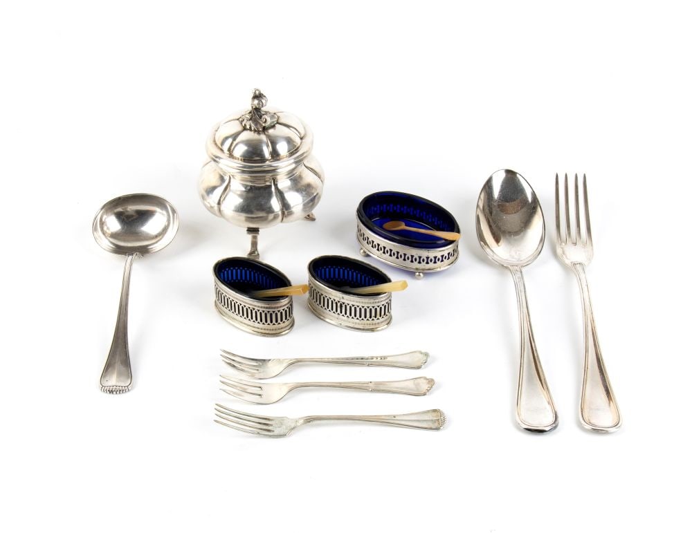 A group of 10 italian solid silver items: comprising of 3 salt shakers with blue glasses and bone spoons, 6 cutlers, and one sugar bowl.800/1000 silver, hallmarked "800".