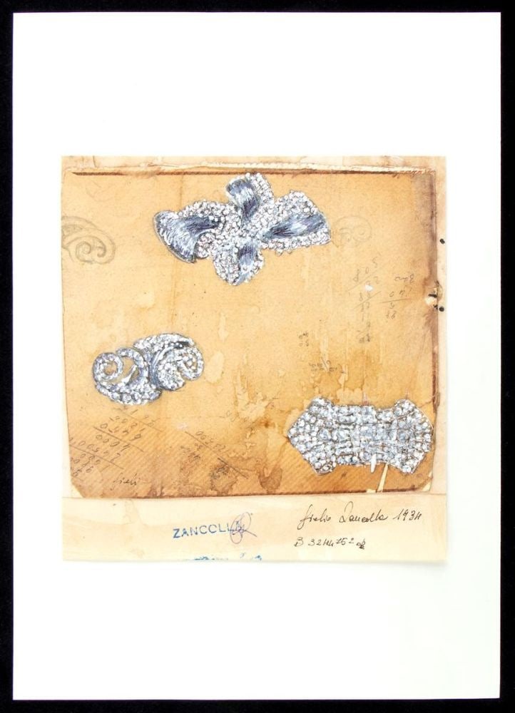 GIULIO ZANCOLLA Design for brooches, GIULIO ZANCOLLA: design drawning of three diamond brooches. Mixed techniques on tissue paper applied on cardboard.