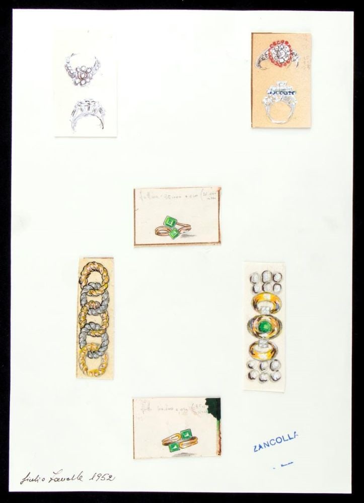 GIULIO ZANCOLLA Design for rings and bracelets: design drawning of three rings and two bracelets. Six mixed techniques on cardboard.