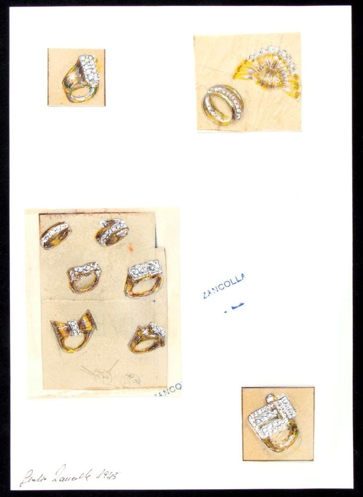 GIULIO ZANCOLLA Design for rings: design drawning of yellow gold diamond rings. Mixed techniques on tissue paper applied on cardboard.