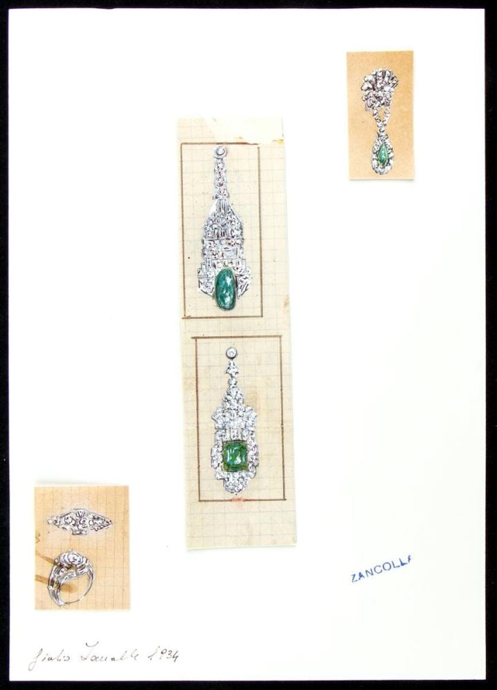 GIULIO ZANCOLLA Design for drop earrings and ring: design drawning of three diamonds, emerald drop earrings and onediamond ring. Mixed techniques on tissue paper applied on cardboard.