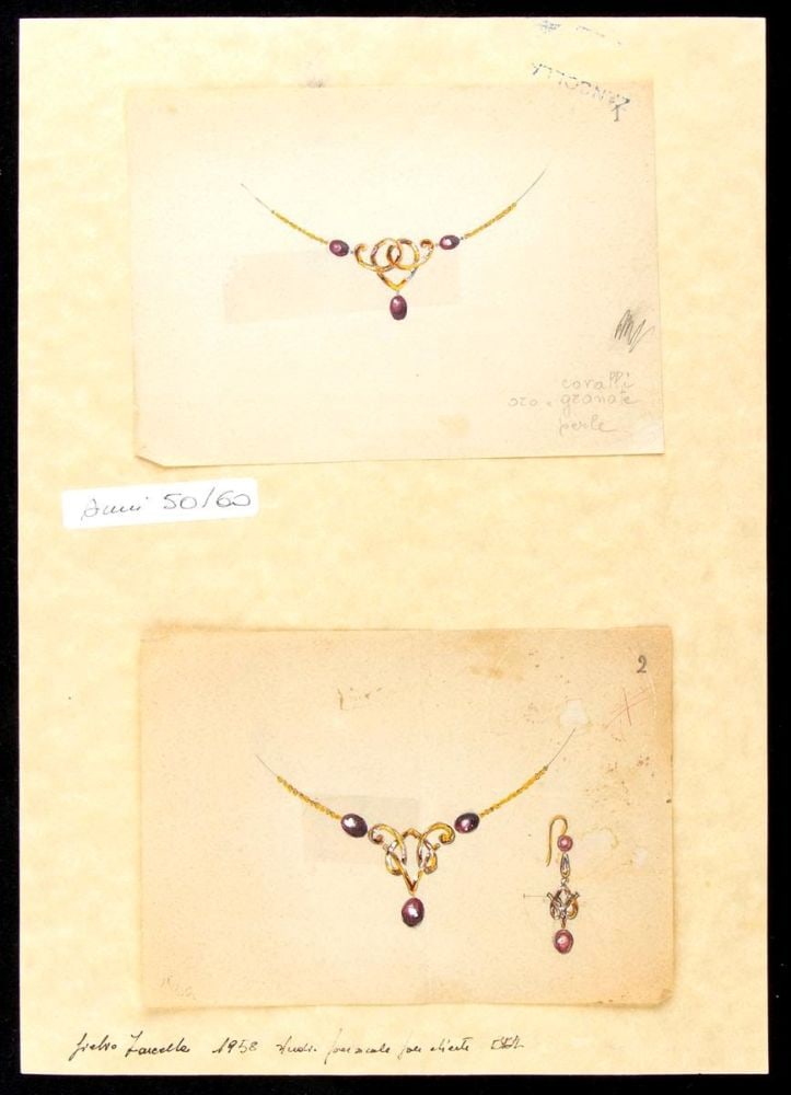 GIULIO ZANCOLLA Design for necklace and earring: design drawning of two central for necklace and one earring. Mixed techniques on tissue paper applied on cardboard.