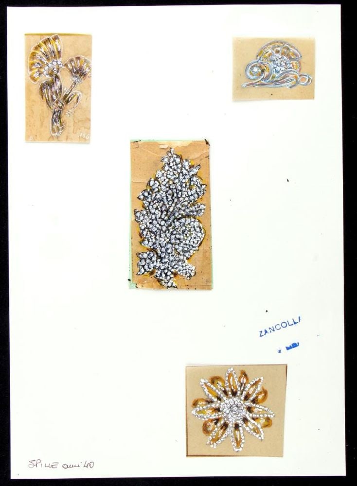 GIULIO ZANCOLLA Design for brooches: design drawning of four floral diamond brooches. Mixed techniques on tissue paper applied on cardboard.