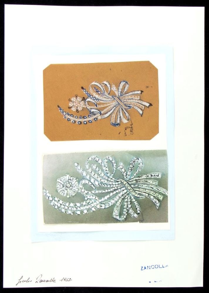 GIULIO ZANCOLLA Design for brooches: design drawning of two brooches. Two mixed techniques on tissue paper applied on cardboard.
