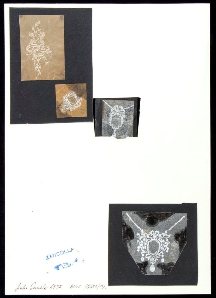 GIULIO ZANCOLLA Design fonecklace, rings and earring: design drawning of two necklaces, two rings and one earring. Four mixed techniques on tissue paper applied on cardboard.