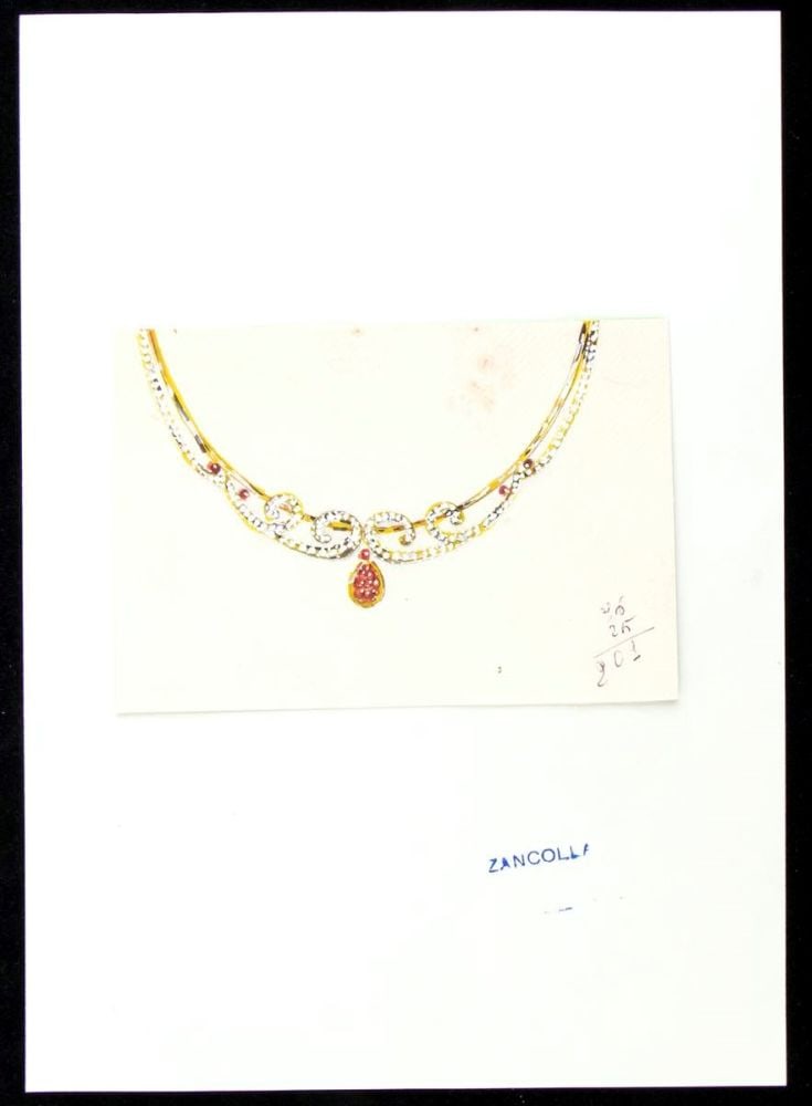 GIULIO ZANCOLLA Design for necklace: design drawning of diamonds, rubies and gold necklace. Mixed technique on tissue paper applied on cardboard.