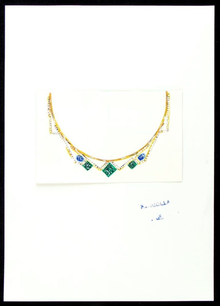 GIULIO ZANCOLLA Design for necklace: design drawning of diamonds, sapphires, emeralds and gold necklace. Mixed technique on tissue paper applied on cardboard.