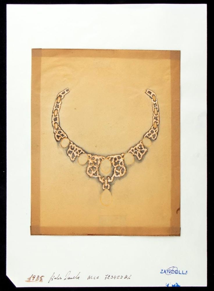 GIULIO ZANCOLLA Design for necklace: design drawning of gold necklace. Mixed technique on tissue paper applied on cardboard.