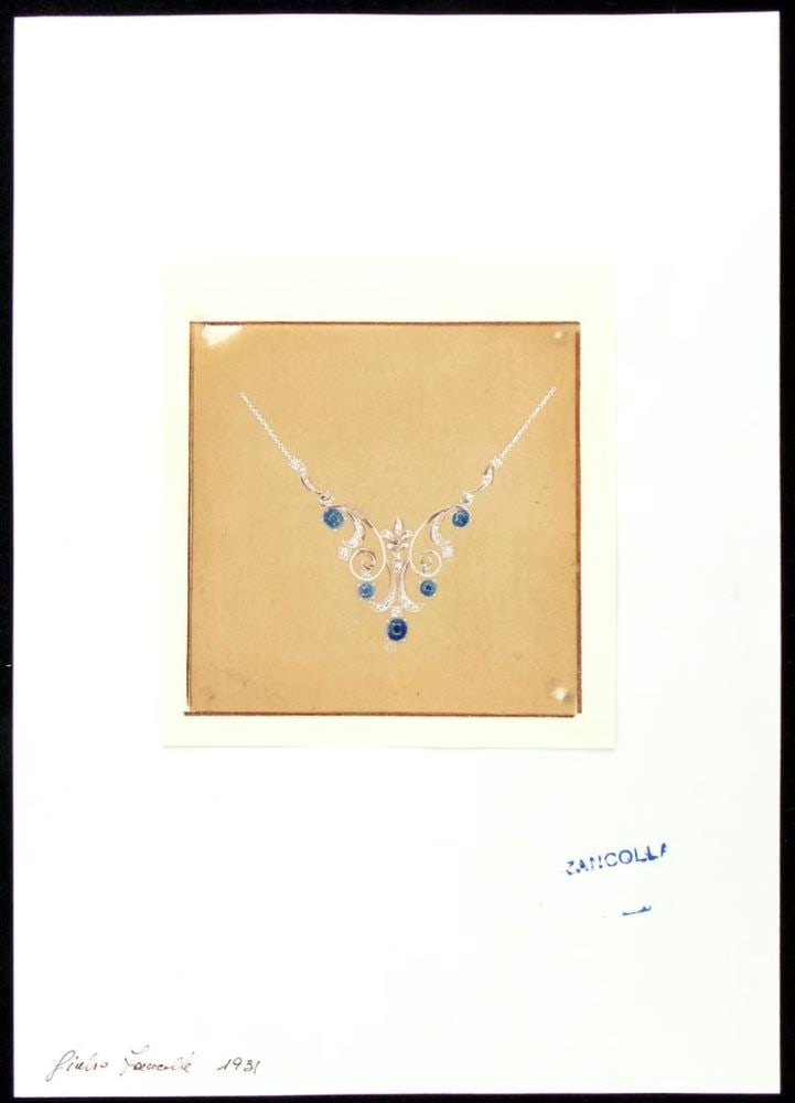 GIULIO ZANCOLLA Design for necklace: design drawning of diamonds and sapphires necklace. Mixed technique on tissue paper applied on cardboard.