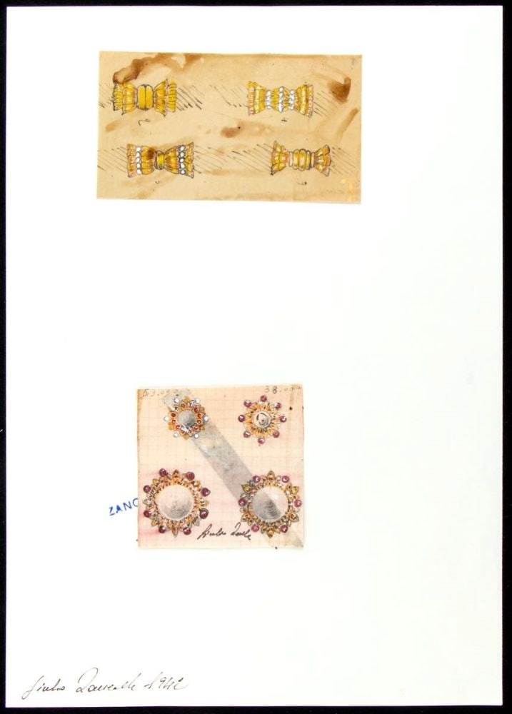GIULIO ZANCOLLA Design for brooches and necklace clasps: design drawning of brooches and necklace clasps in gold and gemstones. Mixed techniques on tissue paper applied on cardboard.