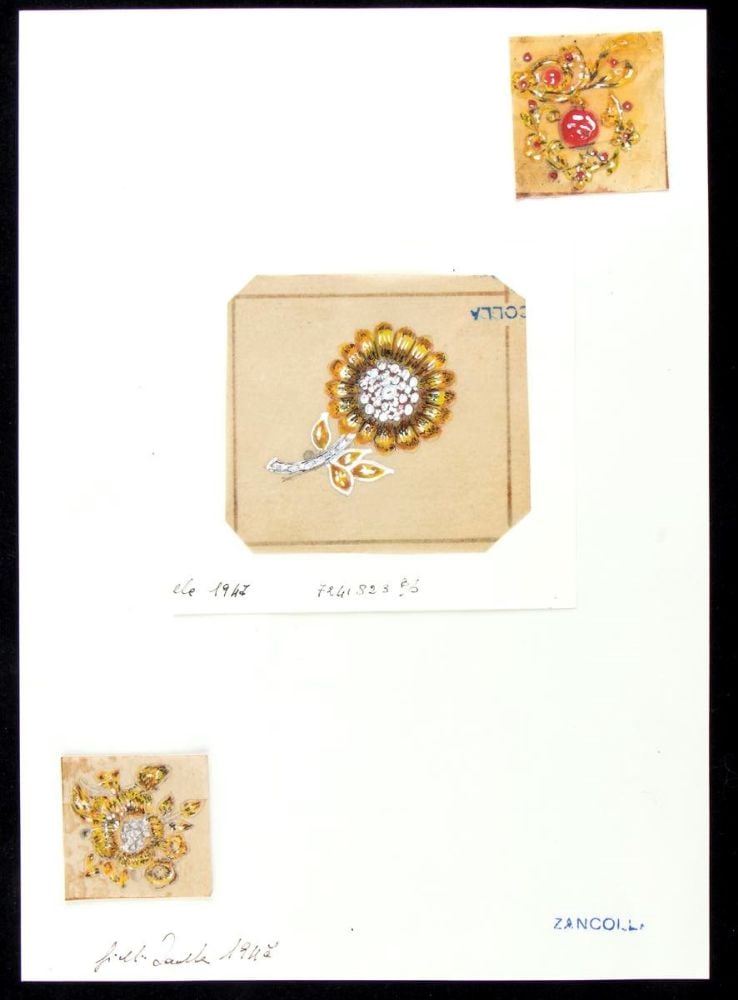 GIULIO ZANCOLLA Design for floral brooches: design drawning of gold, diamonds, colored stones brooches. Mixed technique on tissue paper applied on cardboard.