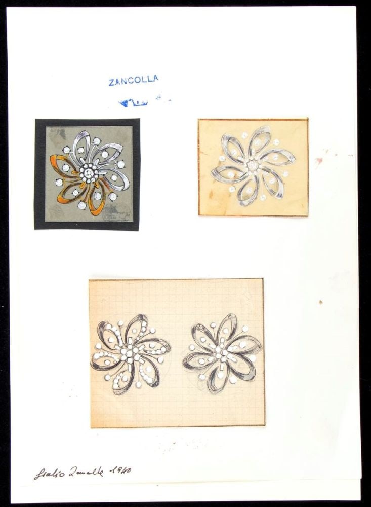 GIULIO ZANCOLLA Design for brooches: design drawning of four brooches with pearls. Mixed techniques on tissue paper applied on cardboard.