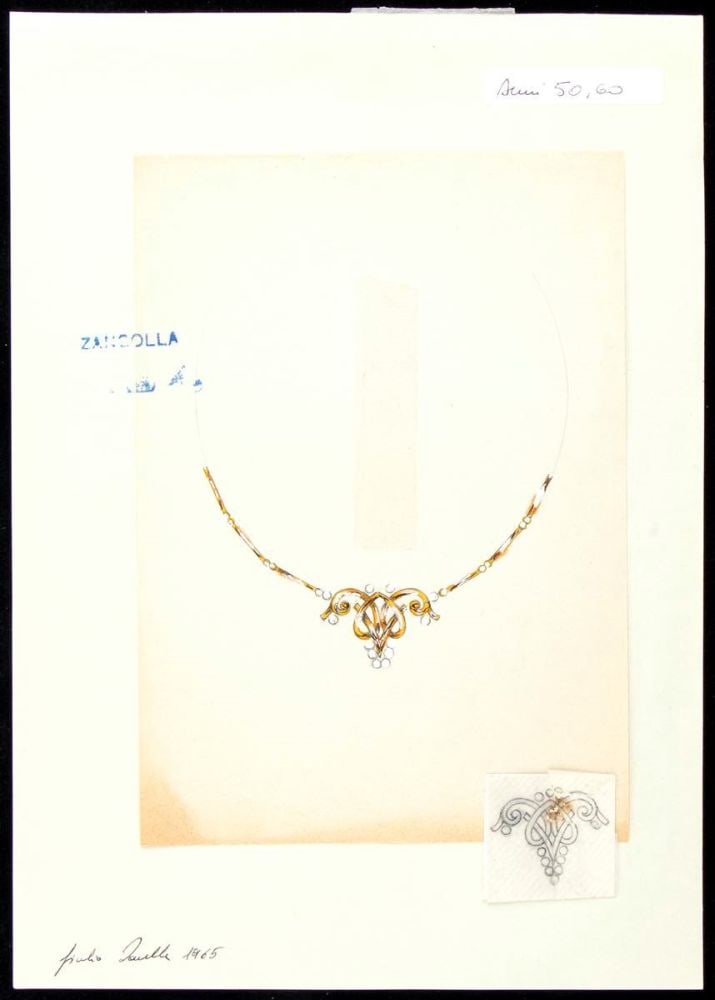 GIULIO ZANCOLLA Design for necklace: design drawning of two gold and gemstones central necklaces. Mixed techniques on tissue paper applied on cardboard.