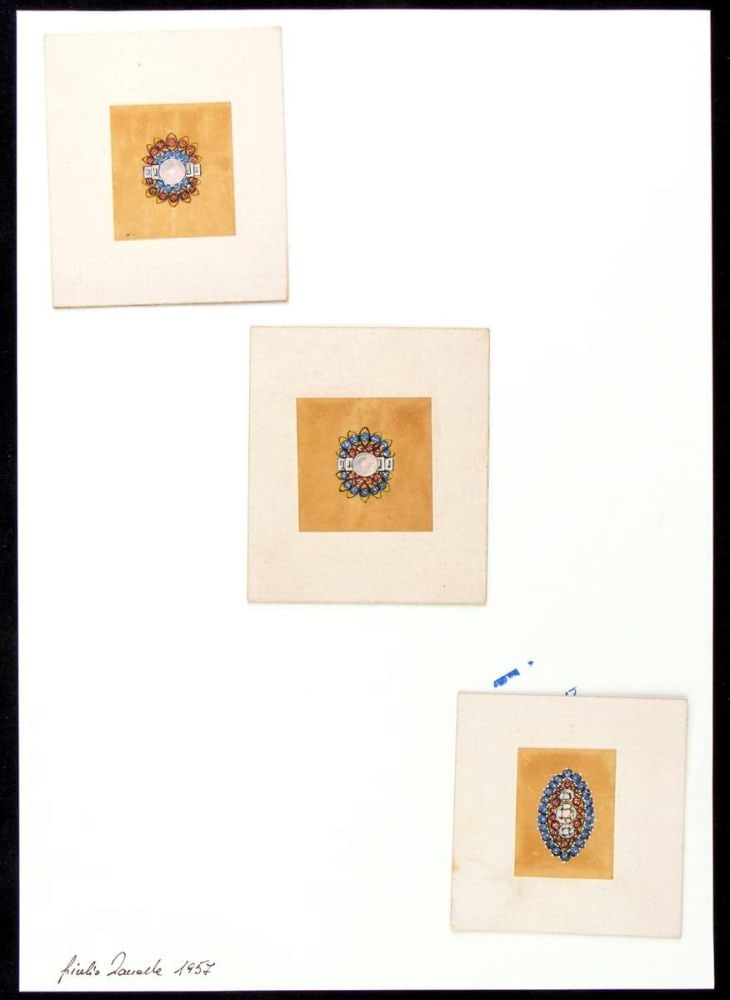 GIULIO ZANCOLLA Design for rings: design drawning of three gold, diamonds, rubies an sapphires rings. Mixed techniques on tissue paper applied on cardboard.