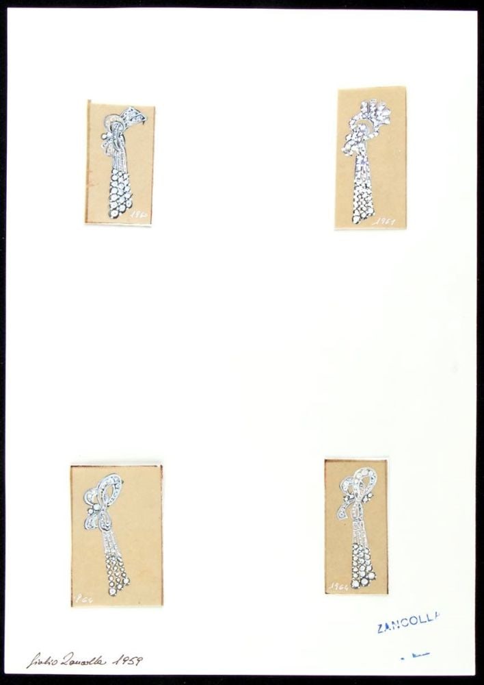 GIULIO ZANCOLLA Design for drop earrings: design drawning of four diamond earrings. Mixed techniques on tissue paper applied on cardboard.