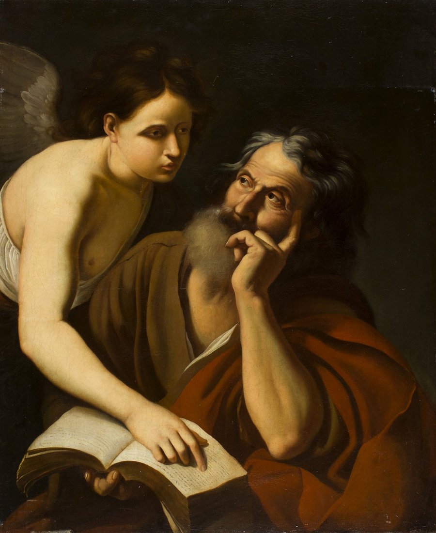 Anonimo caravaggesco della fine del Seicento - San: Late seventeenth century Caravaggio’s anonymous master Saint Matthew and the Angel Oil on canvas, cm. 94 x 76