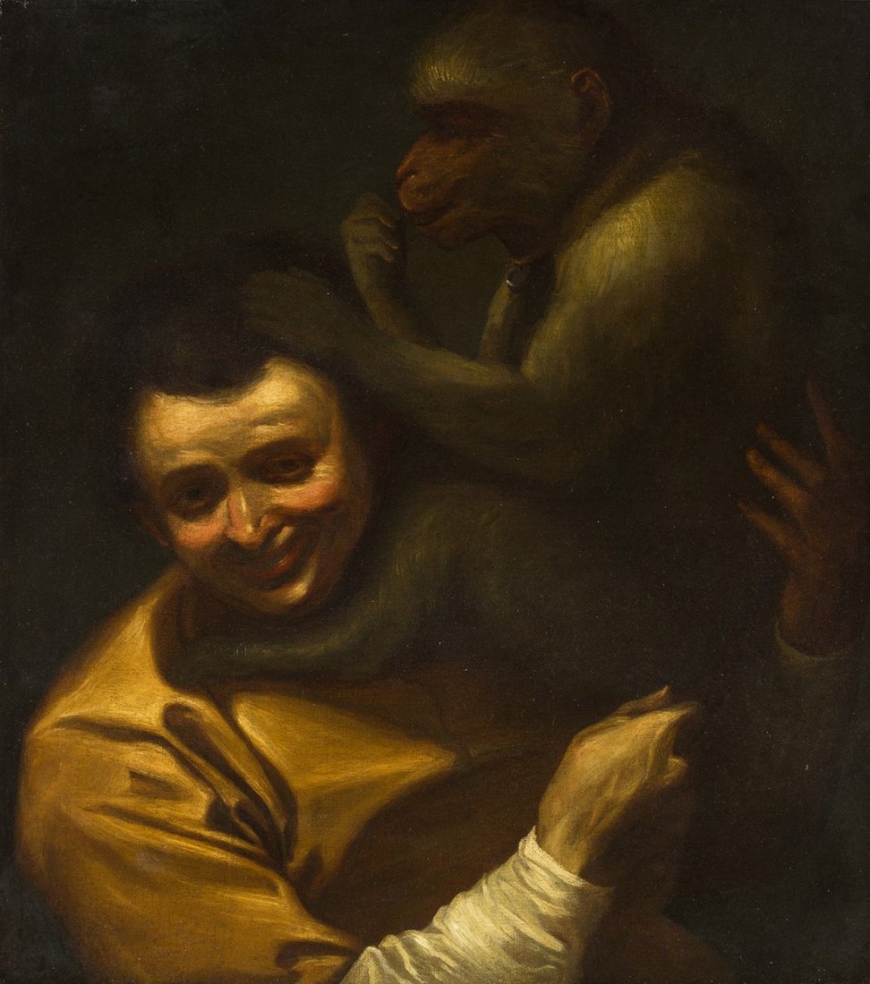 Antonio Maria Panico (attr.) (Attivo tra il nono: Antonio Maria Panico (attr.) (Active between 1590 and 1620) A Man with a Monkey (after Annibale Carracci) Oil on canvas, cm. 59 x 67 The work is an eighteenth century version of A Man with a Monkey by