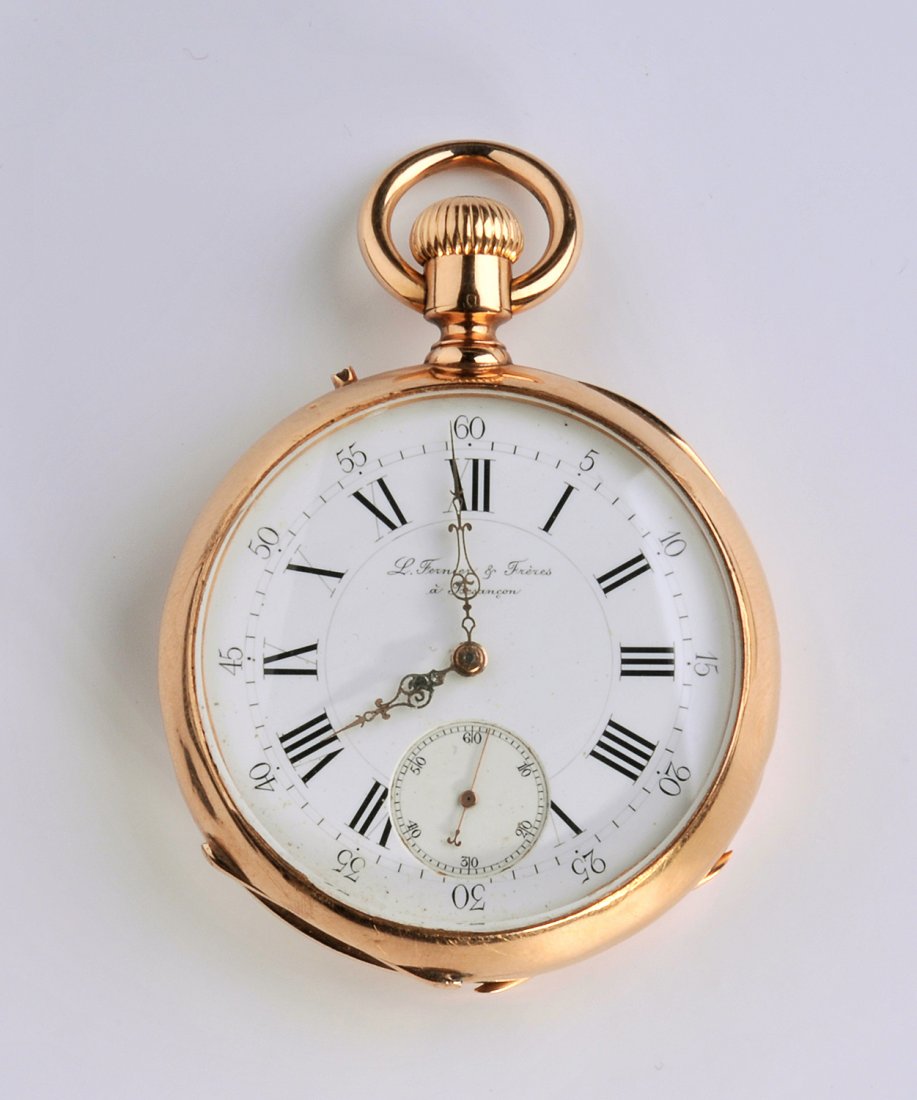 18K gold pochet watch, L. Fernier & Frères à Besancon: 18K gold pochet watch, L. Fernier & Frères à Besancon late 19th centurywhite enamel dial with Roman & Arabic numerals, case decorated with crown and monogram. Stem wound /pin set spiral Breguet Ancr